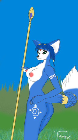 anthro blue_body blue_fur blue_hair female fur hair melee_weapon nude polearm solo spear weapon febuso nintendo star_fox krystal_(star_fox) canid canine fox mammal 9:16 hi_res