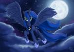 2014 blue_body blue_eyes blue_feathers blue_fur blue_hair cloud crown cutie_mark detailed_background equid equine feathered_wings feathers female feral fidzfox friendship_is_magic fur hair hasbro headgear hi_res horn long_hair looking_at_viewer mammal moon my_little_pony mythological_creature mythological_equine mythology princess_luna_(mlp) sky solo star winged_unicorn wings