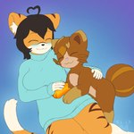 anthro big_breasts blush breasts brown_body brown_fur brown_hair clothing duo female feral fur hair hug male male/female orange_body orange_fur shy size_difference sweater topwear jm-luxro luxro molly_katze felid feline lewxen mammal pantherine tiger 1:1 hi_res