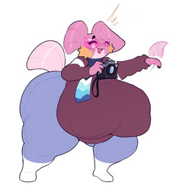 anthro areola_outline big_breasts big_butt bottomwear breasts butt camera clothing eyes_closed eyewear female footwear glasses holding_camera holding_object huge_breasts huge_butt huge_thighs hyper hyper_breasts hyper_thighs markings mole_(marking) open_mouth pants pink_body scarf shoes solo sweater thick_thighs topwear iaredumbo nintendo pokemon generation_3_pokemon mudkip pokemon_(species) shiny_pokemon absurd_res hi_res