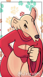 anthro background_music black_nose bodysuit claws cleavage_cutout clothing cutout dialogue ears_up eyebrows female finger_claws fingers footprint fur grabbing_object grin hand_on_hip holding_object leaning leaning_forward long_sleeves long_snout looking_at_viewer open_mouth oversized_sleeves pattern_background pawpads pawprint pawprint_background pink_pawpads raised_eyebrow red_clothing simple_background skinsuit smile snout solo sweater talking_to_viewer tan_body tan_fur text tight_clothing tongue tongue_out topwear turtleneck yellow_eyes jelzyart borzoi_(jelzyart) borzoi canid canine canis domestic_dog hunting_dog mammal sighthound 2023 2d_animation 9:16 animated artist_name cel_shading digital_media_(artwork) english_audio english_text hi_res portrait shaded short_playtime sound three-quarter_portrait voice_acted webm