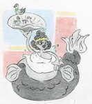 belly big_belly big_breasts breasts female grey_body outside overweight simple_background split_form shar0makai avian bird fish marine merfolk perciform scorpaenoid stonefish 2023 absurd_res hi_res traditional_media_(artwork)