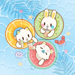 ambiguous_gender anthro beverage black_eyes bubble_tea drinking eyes_closed feral fur group happy inflatable pool_float water white_body white_fur ririmon aquatic arthropod bear cnidarian crab crustacean decapod domestic_cat felid feline felis jellyfish lagomorph leporid malacostracan mammal medusozoan rabbit 1:1 2023 english_description hi_res