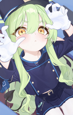 blue_clothing blue_hat blue_headwear blush bottomwear clothing female female_humanoid gloves green_hair hair halo handwear hat headgear headwear heart_tail legwear looking_at_viewer pantyhose pointy_ears prick_ears sitting skirt tail white_clothing white_gloves white_handwear white_legwear white_pantyhose yellow_eyes young young_female young_humanoid tuesday_0221 blue_archive nexon hikari_(blue_archive) demon demon_humanoid humanoid tailed_humanoid absurd_res hi_res