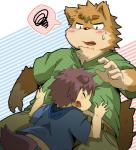 anthro black_nose blush bodily_fluids clothed clothing dialogue duo eyebrows hair happy hug kemono male midriff open_mouth size_difference slightly_chubby speech_bubble sweat teeth young young_anthro hinami canid canine mammal pictographics