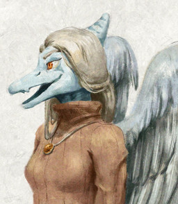 anthro blonde_hair blue_body bone_frill breasts clothed clothed_anthro clothed_female clothing feathered_wings feathers female frill_(anatomy) grey_body grey_feathers grey_hair hair jewelry long_hair necklace non-mammal_breasts open_mouth open_smile smile snout solo wings upai cavemanon_studios goodbye_volcano_high ko_op_(game_developer) snoot_game fang_(gvh) prehistoric_species pterosaur reptile scalie digital_media_(artwork)