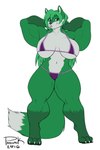 anthro big_breasts bikini black_nose breasts canid canine claws clothing digital_drawing_(artwork) digital_media_(artwork) digitigrade dipstick_tail female fox front_view fur green_body green_fur green_hair green_tail hair hands_behind_head hi_res huge_breasts looking_at_viewer mammal markings muscular muscular_female navel open_mouth padunk pink_tongue purple_bikini purple_clothing purple_swimwear simple_background smile smiling_at_viewer solo swimwear tail tail_markings teeth toe_claws tongue white_background white_claws white_inner_ear white_tail_tip