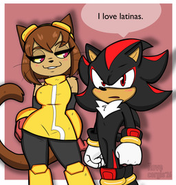 anthro armwear bite biting_lip blush breasts clothing duo eyelashes female fur hair hand_on_hip handwear headgear legwear looking_at_another looking_at_viewer male speech_bubble text tuft ilovecorgis gameoverse glitch_productions sega shadow_loves_latinas sonic_the_hedgehog_(series) kit_bodega shadow_the_hedgehog eulipotyphlan felid hedgehog mammal absurd_res english_text hi_res