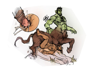 abs anal anal_penetration animal_genitalia animal_penis areola beard black_hair bodily_fluids body_hair brown_hair chest_hair close-up cum cum_in_ass cum_inside dominant duo ear_piercing ear_ring equine_genitalia equine_penis facial_hair fangs genital_fluids genitals green_body green_skin hair hooves human_on_taur human_penetrated interspecies larger_dom larger_taur leaking_cum lying male male/male male_penetrated male_penetrating male_penetrating_male medial_ring muscular muscular_male nipples on_back outside penetration penile penile_penetration penis piercing ring_piercing sex size_difference smaller_human split_form submissive submissive_male tattoo taur_penetrating taur_penetrating_human teeth ghuraok european_mythology greek_mythology mythology centaur equid equid_taur human humanoid humanoid_taur mammal mammal_taur orc taur 2019 absurd_res hi_res