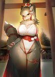 anthro asian_clothing big_breasts blush breasts cleavage clothed clothing curvy_figure east_asian_clothing female female_anthro fingers fur grey_body grey_fur hair high_cut_miko_outfit huge_breasts japanese_clothing kemono looking_at_viewer miko_outfit shrine_maiden solo standing thick_thighs voluptuous wide_hips yellow_eyes utterangle muramasa:_princess_commander silicon_studio asahina_yasuyoshi canid canine mammal procyonid raccoon absurd_res hi_res portrait three-quarter_portrait