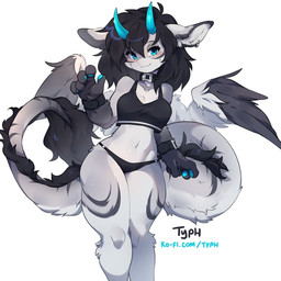 anthro bangs black_clothing black_collar black_crop_top black_hair black_panties black_shirt black_topwear black_underwear blue_eyes blue_horn blue_pawpads blush breasts cleavage clothed clothing collar crop_top feathered_wings feathers female fur grey_body grey_fur hair horn long_hair looking_away medium_breasts midriff navel panties pawpads shirt simple_background smile solo tail tail_tuft thick_thighs topwear tuft underwear white_background wings typh mythology dragon mythological_creature mythological_scalie scalie 2024 colored digital_drawing_(artwork) digital_media_(artwork) hi_res shaded