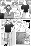 2:3 anthro arms_by_side biceps comic conjoined_speech_bubble dialogue english_text felid greyscale hi_res inward_tail_speech_bubble irregular_speech_bubble lion male mammal monochrome muscular name_drop name_in_dialogue pantherine pecs puffy_speech_bubble ryuu_majin speech_bubble straight_arms text