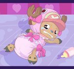 ageplay anthro antlers big_diaper biped blue_nose blush bodily_fluids bow_ribbon brown_body brown_fur clean_diaper clothed clothing crossdressing crying diaper embarrassed fur hat headgear headwear heart_symbol horn infantilism looking_back male pink_bow pink_clothing pink_diaper pink_hat pink_headwear rear_view roleplay simple_background solo tears teeth bubblepuppers one_piece tony_tony_chopper deer mammal new_world_deer reindeer 2014 digital_media_(artwork)