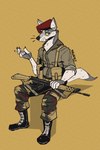 anthro assault_rifle beret boots camo cigarette clothed clothing gun hat headgear headwear male ranged_weapon rifle simple_background sitting solo weapon mawkvlt canid canine canis mammal wolf 2:3 hi_res