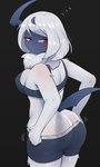 anthro anthrofied black_background bra breasts bubble_butt butt clothed clothing dressing female fur hair horn neck_tuft pokemorph rear_view red_eyes simple_background solo sports_bra standing tail tuft underwear white_body white_fur white_hair kaiske2 nintendo pokemon absol generation_3_pokemon pokemon_(species) absurd_res hi_res