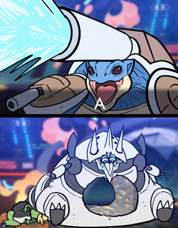 a back_cannon cannon claws hole_(anatomy) hole_in_belly horn humor open_mouth overweight ranged_weapon sitting slightly_chubby text weapon wrist_gun blitzdrachin conditional_dnp family_guy_death_pose microsoft minecraft mojang nintendo pokemon pokemon_champions_(game) xbox_game_studios aggron blastoise dinosaur generation_1_pokemon generation_3_pokemon generation_6_pokemon generation_9_pokemon mega_aggron mega_blastoise mega_evolution monster pokemon_(species) prehistoric_species reptile scalie sinistcha turtle comic meme