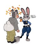anthro belt blue_bottomwear blue_clothing blue_eyes blue_pants bottomwear brown_bottomwear brown_clothing brown_pants buckteeth butt carrot clothing dialogue duo feet female food fur grey_body grey_fur hand_on_hip holding_carrot holding_food holding_object holding_vegetable human_to_anthro looking_down mid_transformation midriff mind_control open_mouth pants plant police police_uniform ringed_eyes simple_background smile species_transformation standing tail teeth text transformation twinning uniform vegetable white_background blackshirtboy disney zootopia judy_hopps human mammal 2025 absurd_res digital_media_(artwork) english_text hi_res