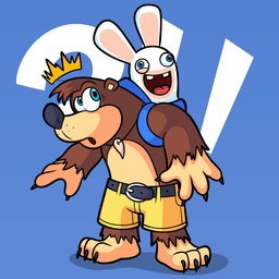 3_toes 4_fingers anthro backpack belt belt_buckle big_nose black_belt black_claws black_nose blue_background blue_backpack blue_eyes bottomwear brown_body brown_fur brown_hair buckle claws clothed clothed_anthro clothed_male clothing conjoined_eyes derp_eyes duo feet finger_claws fingers fur hair in_backpack lidded_eyes long_ears looking_at_another male male_anthro multicolored_body noseless open_mouth open_smile question_mark red_tongue shirtless_anthro shirtless_male short_hair shorts simple_background smile standing straight_legs surprised tan_body tan_inner_ear tan_skin toe_claws toes tongue tooth_necklace two_tone_body whisker_spots white_body white_fur yellow_bottomwear yellow_clothing yellow_shorts crispytoastyt banjo-kazooie rareware raving_rabbids rayman_(series) ubisoft banjo_(banjo-kazooie) bear lagomorph mammal rabbid 1:1 2025 cel_shading colored crossover digital_drawing_(artwork) digital_media_(artwork) english_description hi_res shaded