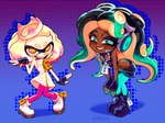 boots breasts brown_body brown_skin clothing crown dark_body dark_skin duo electronics female fingerless_gloves footwear gloves handwear headgear headphones light_body light_skin looking_at_viewer markings mole_(marking) open_mouth open_smile pseudo_hair shoes smile suction_cup tentacle_hair tentacles alfiasaee nintendo splatoon marina_(splatoon) pearl_(splatoon) animal_humanoid cephalopod cephalopod_humanoid humanoid inkling marine marine_humanoid mollusk mollusk_humanoid octarian octoling 2023 hi_res signature