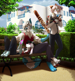 5_fingers anthro barefoot bench biped black_eyebrows black_hair black_nose blue_body blue_eyes blue_nose blush bottomwear brown_ears brown_stripes brown_tail_tip building cellphone cigarette cigarette_in_mouth cigarette_smoke claws clothed clothed_anthro clothed_male clothing constricted_pupils crossed_legs day detailed_background digitigrade dipstick_tail electronics erect_tail eyebrows eyewear feet finger_claws fingers floppy_ears fully_clothed fully_clothed_anthro fully_clothed_male glasses green_eyes grin group hair hand_on_another's_butt hand_on_butt holding_cellphone holding_cigarette holding_lighter holding_object holding_phone holding_smartphone lighter long_ears looking_at_another looking_at_cellphone looking_at_object looking_at_phone lop_ears lying lying_on_bench male male/male male_anthro markings medium_hair multicolored_body multicolored_tail object_in_mouth on_back on_bench outside pants park phone pink_blush pink_body pink_eyebrows pink_nose pupils rectangular_glasses rolled_up_sleeves shirt sitting sitting_on_bench small_pupils smartphone smile smoke smoking smoking_cigarette spots spotted_body spotted_markings spotted_tail standing striped_markings striped_tail stripes surprised tail tail_markings teasing teeth toe_claws toes topwear touching_butt trio vest wearing_glasses white_body white_hair ticl canid canine canis domestic_cat felid feline felis lagomorph leporid mammal rabbit wolf 2016 hi_res