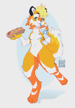 anthro beverage blonde_hair blue_eyes chest_scar drinking fangs featureless_crotch food fur hair holding_beverage holding_food holding_object looking_at_viewer male mouth_closed multicolored_body multicolored_fur navel nude orange_body orange_fur pattern_background qr_code scar simple_background solo teeth text white_body white_fur sonyan artist_name full-length_portrait hi_res portrait