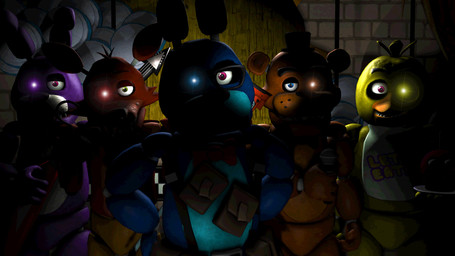 anthro blue_eyes electric_guitar electronics eyewear glasses glowing glowing_eyes green_eyes group guitar hook hook_hand machine microphone musical_instrument plucked_string_instrument purple_eyes simple_background string_instrument zajcu37 splinks_(modeler) five_nights_at_freddy's scottgames bonnie_(fnaf) chica_(fnaf) foxy_(fnaf) freddy_(fnaf) animatronic robot 16:9 3d_(artwork) digital_media_(artwork) hi_res source_filmmaker_(artwork) widescreen