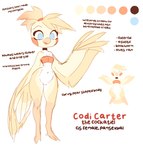 anthro blue_eyes bottomless bottomless_female clothed clothing feathers featureless_crotch female feminine_pose hair leg_markings markings simple_background smile solo text white_background yellow_body yellow_feathers conditional_dnp hiccyart codi_(hiccupsdoesart) avian bird cockatiel cockatoo parakeet parrot true_parrot absurd_res digital_media_(artwork) english_text hi_res model_sheet