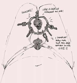 ambiguous_gender balls chastity_cage chastity_cage_only chastity_device chastity_device_only chastity_strap duo flat_chastity_cage genitals keyholding male mocking nude penis shaking text trembling wearing_chastity_cage wearing_chastity_device unknown_artist nintendo pokemon generation_6_pokemon humanoid klefki pokemon_(species) english_text