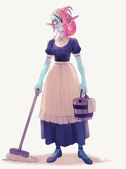 bucket cleaning_tool clothing container eye_patch eyewear female fin footwear holding_bucket holding_cleaning_tool holding_container holding_mop holding_object looking_at_viewer maid_headdress maid_uniform mop shoes simple_background smile solo uniform white_background noaharbre undertale undertale_(series) undyne aquatic fish monster hi_res