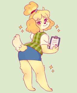 2_toes 3_fingers anthro bangs barefoot bent_arm blonde_eyebrows blonde_hair blue_bottomwear blue_clothing blue_skirt blush blush_lines bottomwear clipboard closed_smile clothed clothed_anthro clothed_female clothing dipstick_tail eyebrow_through_hair eyebrows eyelashes feet female female_anthro fingers floppy_ears fluffy fluffy_ears fluffy_tail fully_clothed fully_clothed_anthro fully_clothed_female fur green_background green_clothing green_topwear green_vest hair holding_clipboard holding_object looking_back lop_ears markings mouth_closed multicolored_body multicolored_fur multicolored_hair orange_ears orange_hair paper pattern_clothing pattern_topwear pattern_vest plaid plaid_clothing plaid_topwear plaid_vest ponytail purple_eyes purple_line_art purple_nose red_hair_tie shirt simple_background skirt smile solo sparkles standing tail tail_markings tan_tail_tip text toes topwear translucent translucent_hair two_tone_hair two_tone_tail vest white_clothing white_shirt white_topwear yellow_body yellow_fur yellow_tail suzeart animal_crossing nintendo isabelle_(animal_crossing) canid canine canis domestic_dog mammal shih_tzu toy_dog 2024 artist_name colored colored_line_art digital_drawing_(artwork) digital_media_(artwork) english_description full-length_portrait portrait shaded