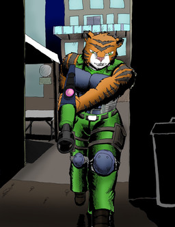 anthro armor chasing futuristic gun male military mystery police ranged_weapon running science_fiction solo warrior weapon nyghtmar3 2-817_the_comic tristan_(nyghtmar3) domestic_cat felid feline felis mammal panthera pantherine tiger absurd_res digital_media_(artwork) hi_res