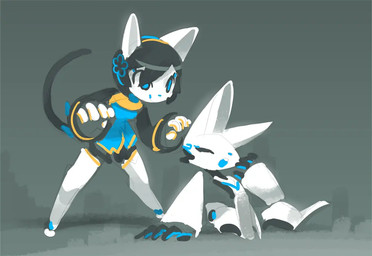 anthro blue_clothing blue_shirt blue_topwear clothing duo female floating_hands footwear legwear machine male shirt simple_background tail topwear tyson_tan electric_hearts alice_rosetta cloud_the_robot_rabbit domestic_cat felid feline felis lagomorph leporid mammal rabbit robot 2015