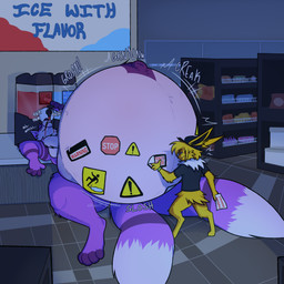 2_tails belly belly_inflation big_belly cheery creaking creaking_belly fur gas_station groan groaning_belly huge_belly hyper hyper_belly imminent_popping implied_popping inflation machine male motion_lines multi_tail navel pink_belly pink_body pink_fur purple_body purple_fur purple_legs sticker stickers_on_body store tail yellow_body yellow_fur xxwolf_buttxx nintendo pokemon isaac_(abritishfox) jolt_(xxwolf_buttxx) canid canine eeveelution fox generation_1_pokemon jolteon mammal pokemon_(species) 1:1 2024 absurd_res hi_res