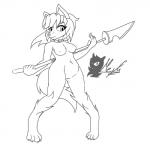 anthro barefoot big_breasts biped breasts casual_nudity feet female fluffy fluffy_tail fur genitals glaive hair melee_weapon nipples nude polearm pussy simple_background slightly_chubby solo standing tail thick_thighs weapon alonwoof meyk bare_sands alon canid canine canis lobani mammal wolf 1:1 2019 digital_media_(artwork) hi_res line_art monochrome