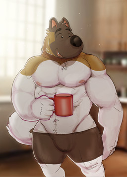 anthro container cup eyebrows male mug muscular muscular_male navel nipples pecs solo tail cuson gab_(comic) voff_akita akita american_akita canid canine canis domestic_dog mammal spitz