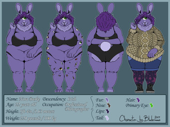 1_eye anthro big_breasts blue_border border bra breasts clothing curly_hair female fur green_eyes hair legwear multi_eye navel neck_tuft overweight overweight_anthro overweight_female panties purple_body purple_fur purple_hair smile solo standing sweater text thick_thighs topwear tuft underwear bludermaus cyclops lagomorph leporid mammal rabbit 2017 4:3 absurd_res digital_drawing_(artwork) digital_media_(artwork) english_text hi_res model_sheet