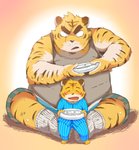 anthro belly boxers_(clothing) clothing controller duo eyes_closed game_controller gaming humanoid_hands kemono male overweight overweight_male playing_video_game shirt sitting topwear underwear young young_anthro diru11 nintendo wii felid mammal pantherine tiger 2014 hi_res