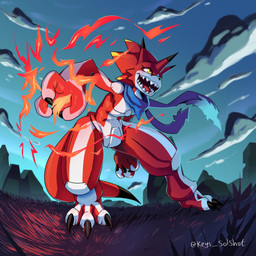 ambiguous_gender anthro blue_scarf claws cloud codpiece detailed_background elemental_manipulation fire fire_manipulation horn open_mouth red_body scarf solo tail teeth toe_claws white_body yellow_eyes b00b00keys bandai_namco digimon betelgammamon digimon_(species) 1:1 hi_res