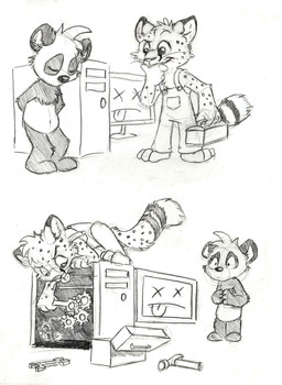 anthro clothed clothing computer computer_monitor duo electronics eyes_closed facial_spots gear glistening glistening_eyes hammer head_tuft male male_anthro markings mouth_closed nude overalls simple_background spots spotted_arms spotted_face spotted_markings spotted_tail standing striped_markings striped_tail stripes tail tail_markings tongue tongue_out toolbox tools tuft whiskers worried wrench young young_anthro young_male pandapaco parinton salmy bear cheetah felid feline giant_panda mammal hi_res monochrome sketch