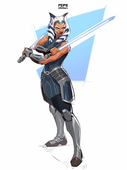 armor blue_eyes blue_lightsaber boots breasts clothing dual_wielding eyelashes facial_markings female footwear head_markings holding_lightsaber holding_object holding_weapon lekku_(anatomy) lightsaber markings melee_weapon not_furry orange_body orange_skin shoes solo vambrace weapon pepe_draws star_wars ahsoka_tano alien alien_humanoid humanoid togruta 2026 3:4 hi_res