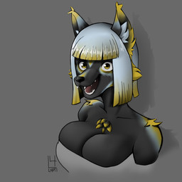 anthro bangs breasts cleavage clothed clothing female female_anthro fur grey_background inner_ear_fluff looking_at_viewer open_mouth open_smile simple_background smile solo tuft wide_eyed l4pti canid canine canis mammal 1:1 absurd_res bust_portrait digital_media_(artwork) hi_res icon portrait