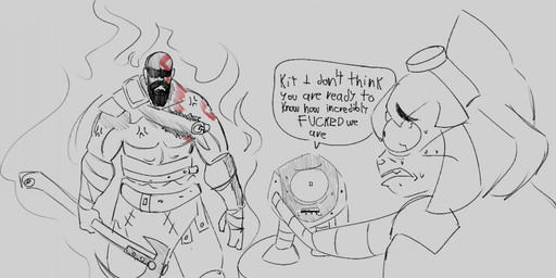 angry anthro aura beard bodily_fluids clothed clothed_anthro clothed_female clothing cross-popping_vein dialogue eyewear eyewear_on_head facial_hair female female_anthro gesture goggles goggles_on_head group hair hand_gesture imminent_death looking_at_another looking_back machine male mostly_nude muscular muscular_human muscular_male outside scared size_difference snout speech_bubble sweat sweatdrop talking_to_another tan_body text whiskers wide_eyed european_mythology gameoverse glitch_productions god_of_war greek_mythology mythology playstation sony_corporation sony_interactive_entertainment kaboodle_(gameoverse) kit_bodega kratos domestic_cat felid feline felis human mammal robot crossover english_text hi_res sketch