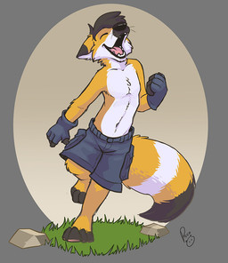 anthro black_hair black_nose black_tail dipstick_ears ear_markings ears_back eyes_closed fangs front_view fur grass hair logo male male_anthro markings multicolored_ears open_mouth open_smile pink_tongue pivoted_ears plant rock simple_background smile solo standing striped_markings striped_tail stripes tail tail_markings teeth tongue white_body white_fur white_tail yellow_body yellow_fur yellow_tail pandapaco canid canine fox mammal artist_logo signature