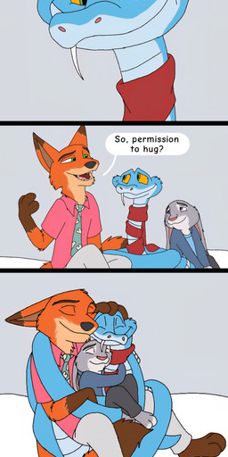 anthro blue_body blue_scales dialogue fangs female feral fur grey_body grey_fur group male mostly_nude orange_body orange_fur pointy_ears rabbit_ears scales scarf scarf_only simple_background teeth trio phoenixfire disney zootopia gary_de'snake judy_hopps nick_wilde canid canine european_rabbit fox lagomorph leporid mammal oryctolagus pit_viper rabbit red_fox reptile scalie snake true_fox viper comic hi_res