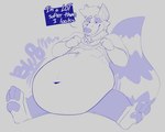 anthro belly big_belly blue_line_art blue_monochrome clothing fur huge_belly male navel shirt_up solo text wildside mammal procyonid raccoon 2023 colored_line_art digital_media_(artwork) english_text monochrome sketch