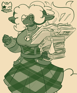 anthro badge bell bell_necklace book bookmark bottomwear bovid_horn caprine_horn clothed clothed_anthro clothed_female clothing costume dark_body eyewear female fluffy fluffy_hair fluffy_tail freckled_face freckles fully_clothed fully_clothed_anthro fully_clothed_female fur glasses hair hair_up holding_object horn long_ears looking_at_viewer open_mouth pattern_bottomwear pattern_clothing pattern_skirt pile_of_books plaid plaid_bottomwear plaid_clothing plaid_skirt ram_horn scale_freckles scales skirt solo sweater tail tentacles text tome topwear wool_(fur) plooshytooshy deadlock_(game) mythology valve paige_(deadlock) bovid caprine chimera dragon mammal mythological_creature mythological_scalie scalie sheep 2026 5:6 artist_name hi_res monochrome signature