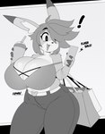 5_fingers anthro big_breasts bottomwear breasts cellphone cleavage cleavage_overflow clothed clothing container cup electronics exclamation_point female fingers hair hair_over_eye heart_pupils holding_cellphone holding_container holding_cup holding_object holding_phone holding_smartphone looking_at_cellphone looking_at_object looking_at_phone pants phone shopping_bag smartphone solo text chromapan ambiguous_species english_text hi_res monochrome signature