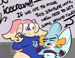 anthro blue_body dialogue duo female freckles male pink_body simple_background wrestling_outfit 1upgobbo nintendo pokemon icecream_(1upgobbo) noh_(1upgobbo) audino generation_3_pokemon generation_5_pokemon mammal mudkip pokemon_(species) hi_res