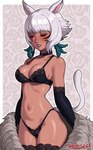 animal_ears animal_tail armwear black_armwear black_bra black_clothing black_legwear black_panties black_stockings black_underwear blush blush_lines border bra breasts choker cleavage clothed clothing dark_body dark_skin eyelashes eyes_closed facial_markings female front_view fur grey_background grey_body grey_fur grey_hair hair head_markings jewelry legwear markings medium_breasts navel necklace panties pattern_background short_hair simple_background solo stockings thick_thighs underwear white_border wide_hips sarukaiwolf final_fantasy final_fantasy_xiv final_fantasy_xiv_(legacy) square_enix y'shtola_rhul animal_humanoid cat_humanoid felid felid_humanoid feline feline_humanoid humanoid mammal mammal_humanoid miqo'te absurd_res hi_res