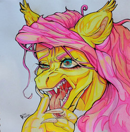 ambiguous_form blue_eyes bodily_fluids checking_out_self claws ear_tuft eyebrows eyelashes fangs female fur grey_background lidded_eyes light long_mane mane open_mouth pink_eyebrows pink_gums pink_mane saliva saliva_on_tongue saliva_string simple_background solo tan_claws teeth text tongue tongue_out tuft wing_claws wings yellow_body yellow_fur yellow_wings rayrage friendship_is_magic hasbro my_little_pony flutterbat_(mlp) fluttershy_(mlp) bat_pony equid mammal 2024 artist_name colored english_description hi_res lighting marker_(artwork) shaded traditional_media_(artwork)